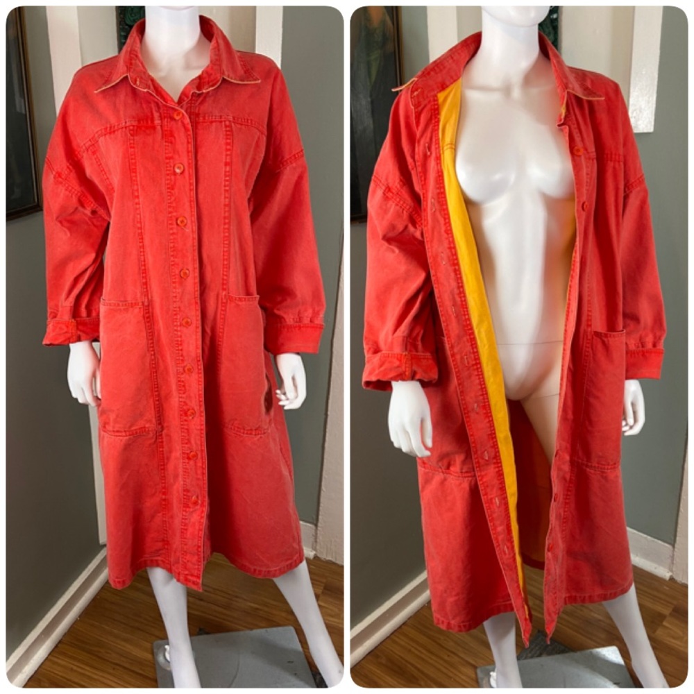 Vintage 80s Brittania Distressed Red-Orange Canvas Chore Duster Jacket Coat M